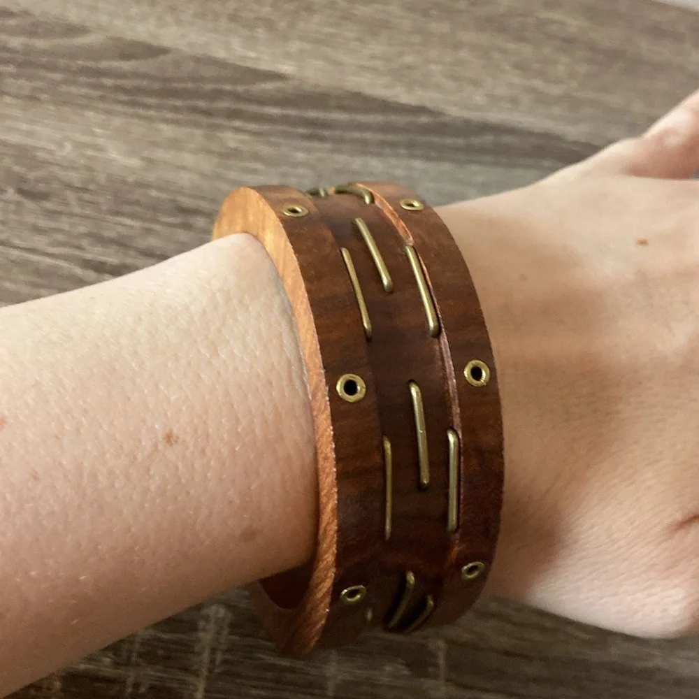 Boho wood bracelet gold wire hippie western coastal cowgirl festival resortwear